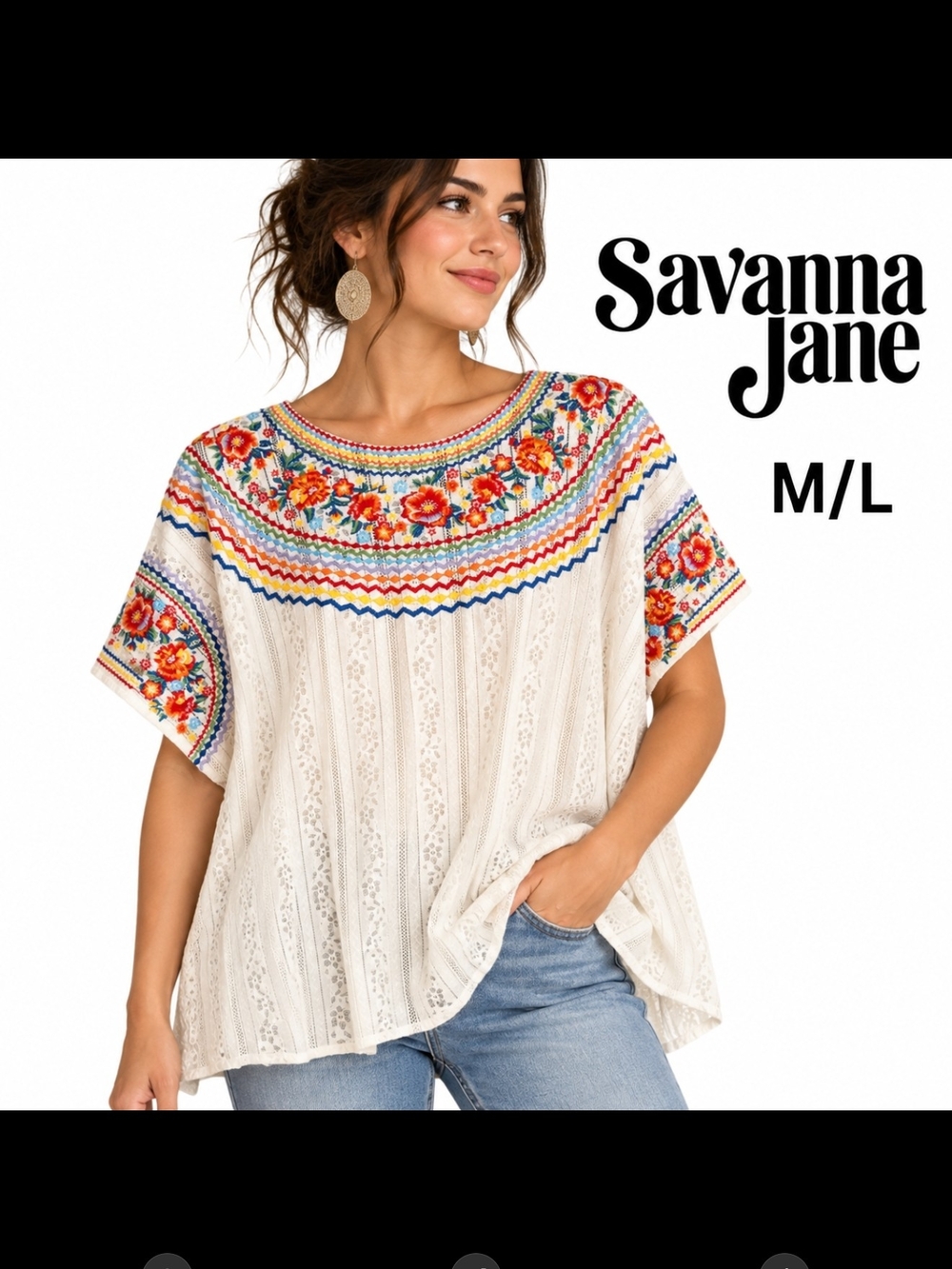 Savanna Jane Lace Embroidered Boho Top Medium